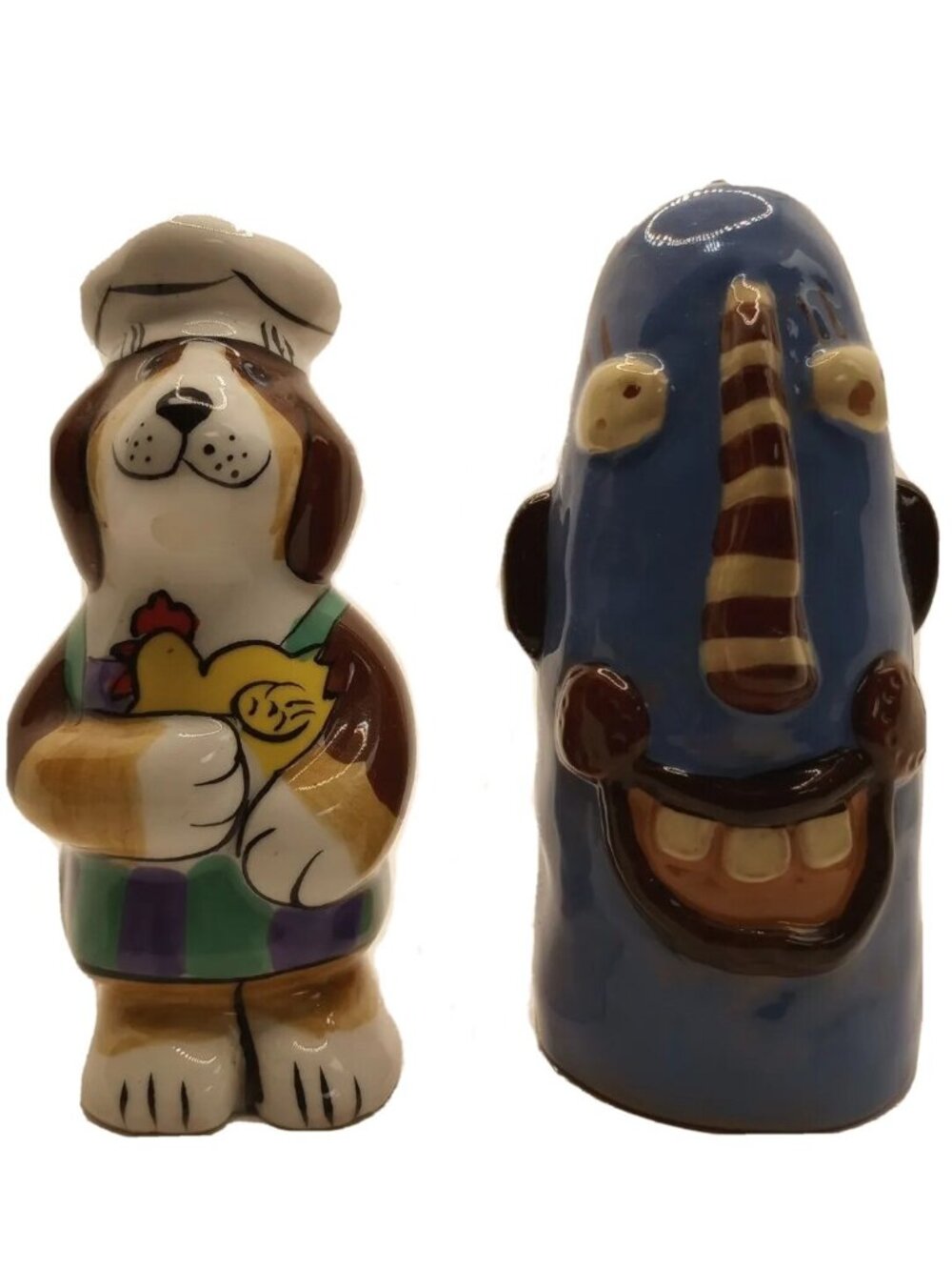 Ceramic Pablo Picasso style Salt shaker and Pepper Shaker dog carrying a rooster